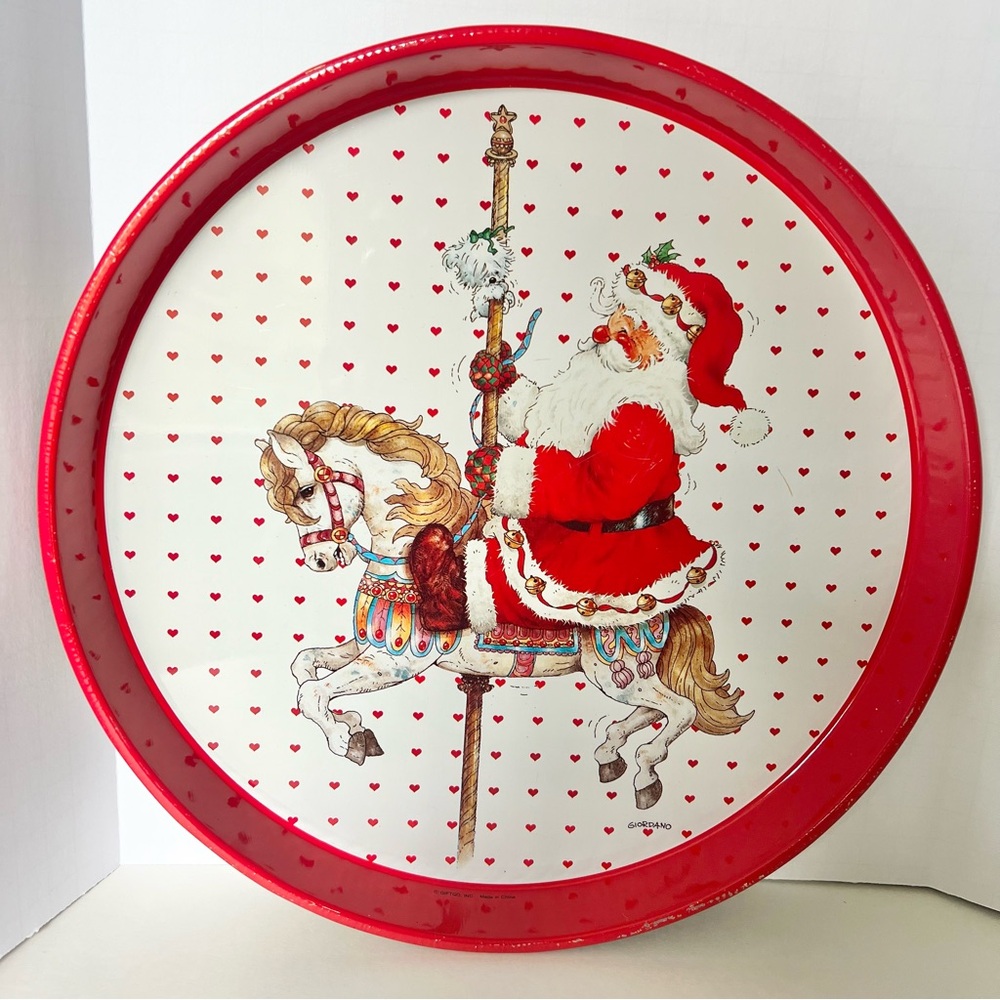 Vintage 1992-Christmas-Round Santa Carousel Tin Tray-Giordano Art Ltd.